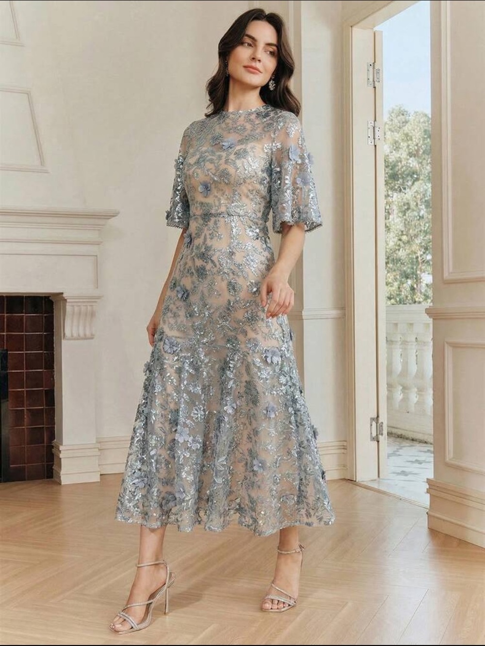 Elegant Silver Embroidered Midi Dress